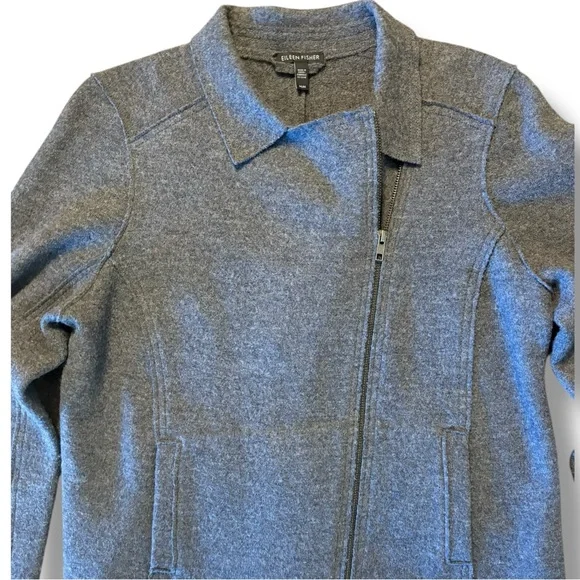 Eileen Fisher Wool Alpaca Herringbone Motorcycle Jacket Medium Moon Gray  Moto - Picture 3 of 12